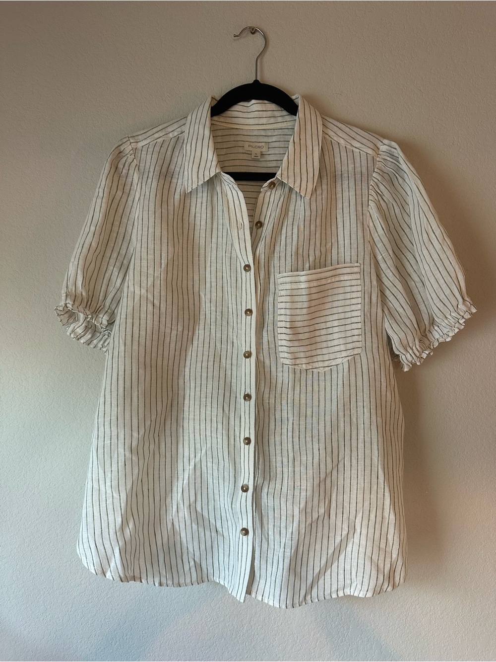 Pilcro Aly 100% Linen Puff Sleeve Blouse Green Stripe XL